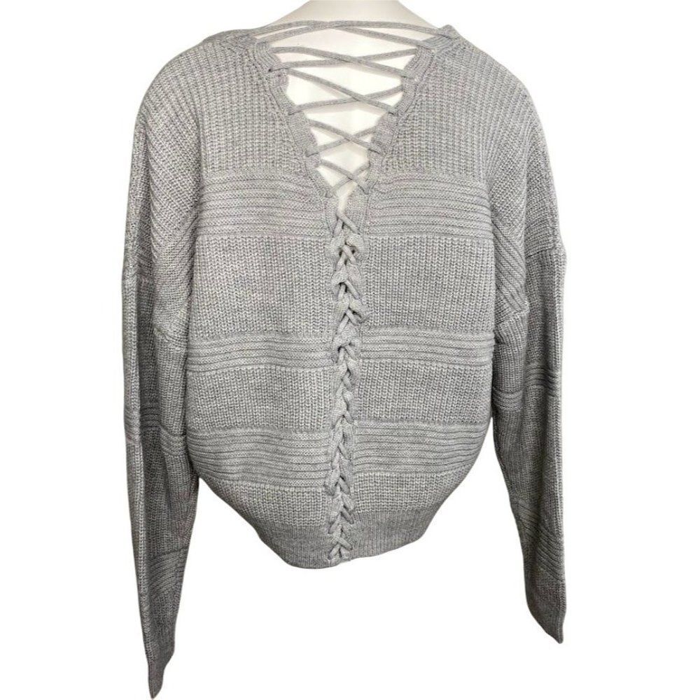 Numero Sweater Top Womens XL Grey Lace-Back Cropped Long-Sleeve Soft Lightweight - Picture 2 of 13